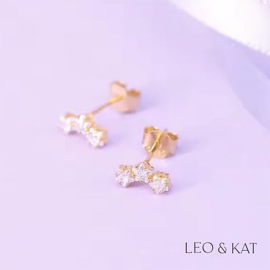 Zircon Tri Star Gold Stud Earrings