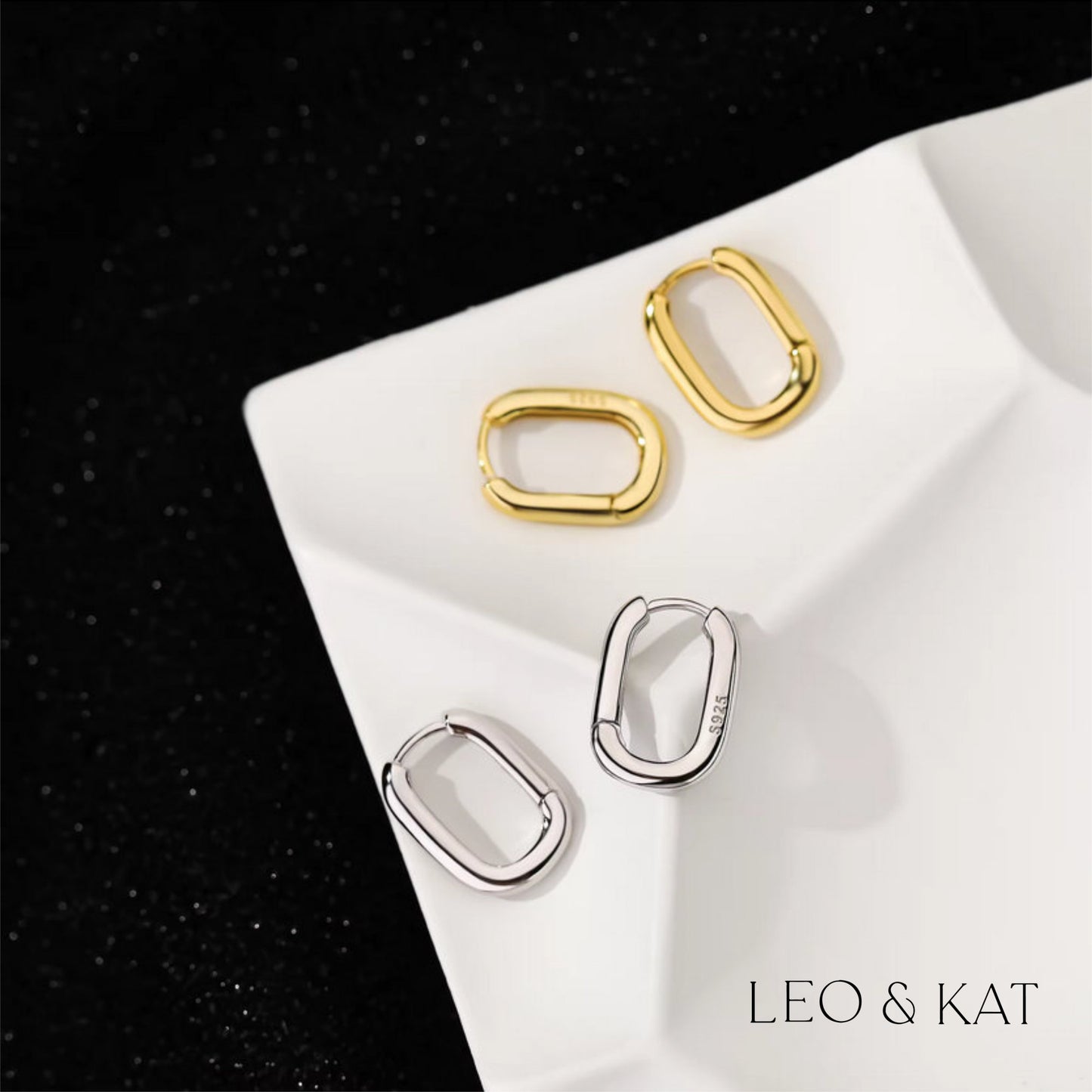 Rounded Rectangle Huggie Earrings in 18K Gold and Silver