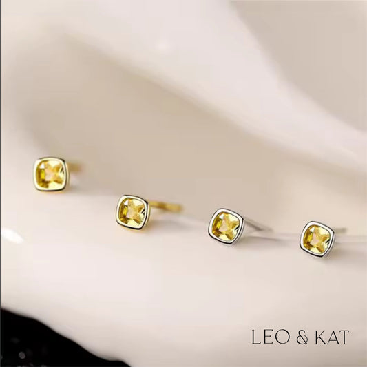 Yellow Zircon Square Stud Earrings in Gold and Silver