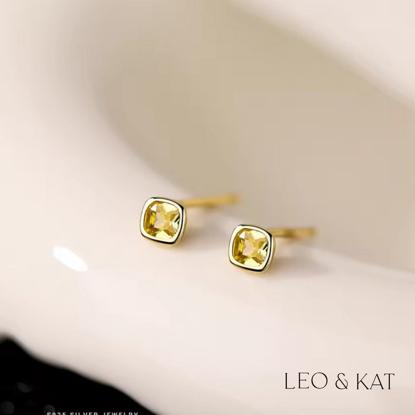 Yellow Zircon Square Stud Earrings in Gold and Silver