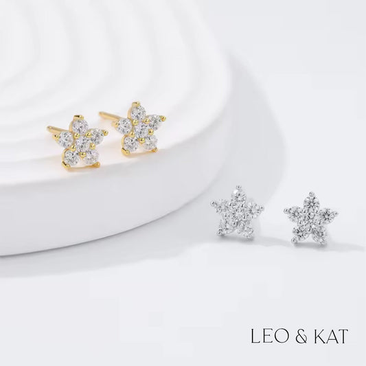 Star Flower Zircon Stud Earrings in Gold and Silver