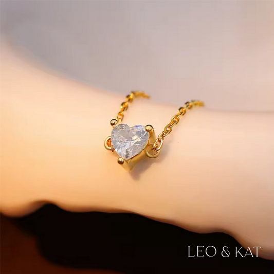 Zircon Heart Link Chain Adjustable Ring in Gold & Silver