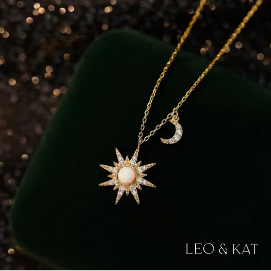 Zircon Pave Opal Sun & Moon Pendant Necklace