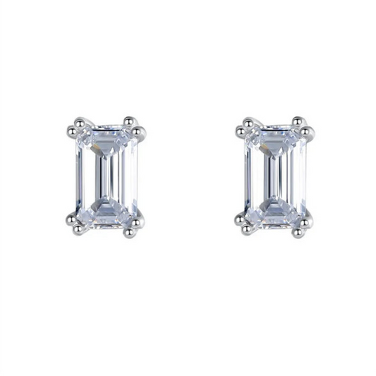 Emerald Cut Zircon Silver Stud Earrings